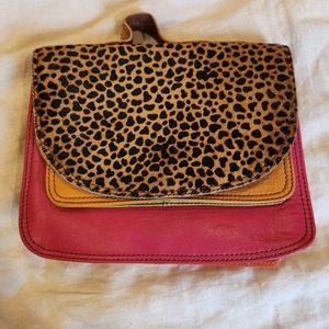 Recycled leather & patterned hide cross body bag, pink, orange and brown leather